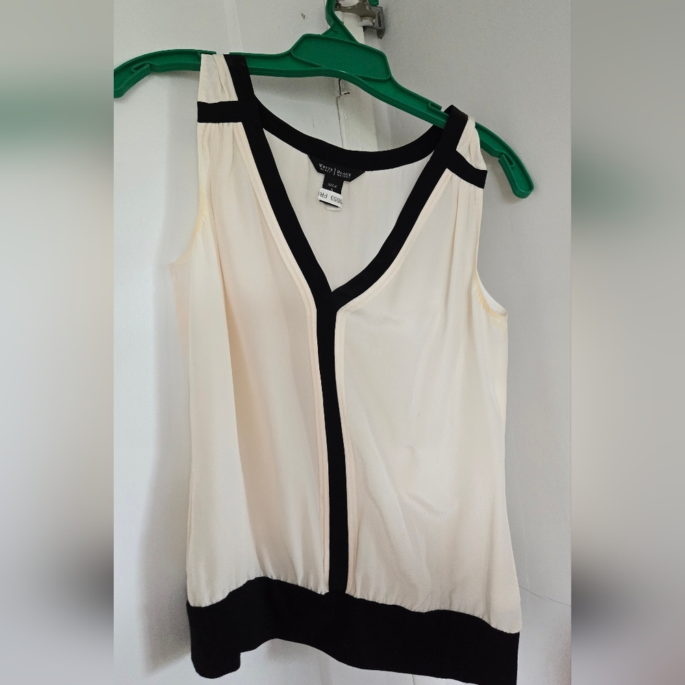 White House Black Market Ivory and Black V-Neck Blouse